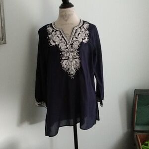 Navy blouse with white embroidery and sparkles.  Never worn